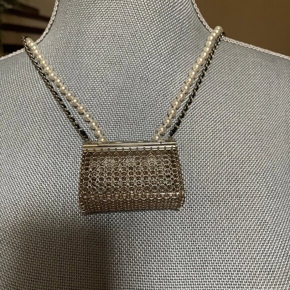 CHANEL MICRO BAG Pendant Bling NECKLACE 2 Strap Crossbody Gold & Pearls - Picture 2 of 13